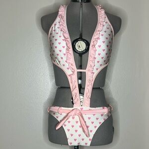 Skinny Dip Pink Heart Swimsuit Y2K Style Monokini Tiny Bikini Kawaii Small